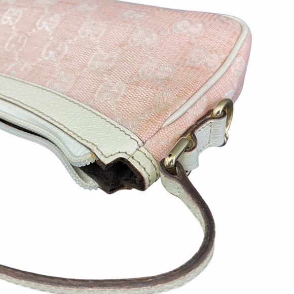 Authentic Gucci Pink Canvas Baguette Shoulder/Handbag Off-White Leather Trim Y2K - Picture 6 of 13